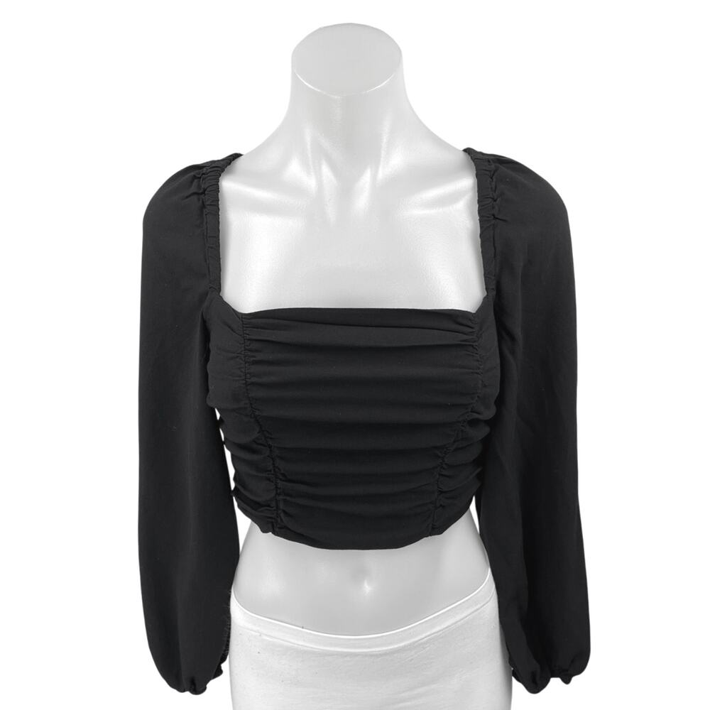 Urban Outfitters Black Long Sleeve Ruched Tie Square Neck Blouse Crop Top Size M